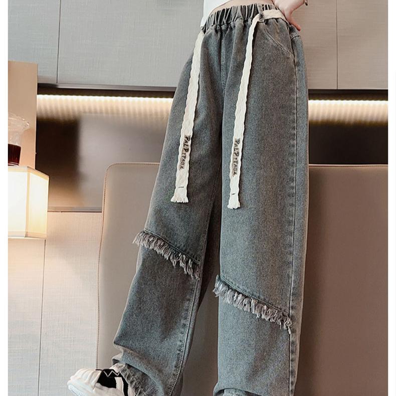 Девочки Джинсы широкие весна и осень Девочки Свободные Интернет Красные Ретро Синие Прямая труба Детские брюки