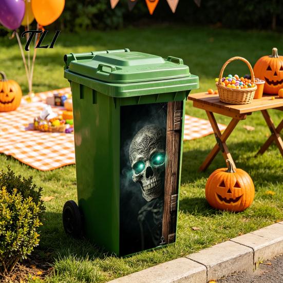 Outdoor Festive Atmosphere Decor Halloween Wall Stickers Trash Can Decal Stickers, Spooky Skull Ghost Horror for Bins Decals Garbage Cans, Waterproof