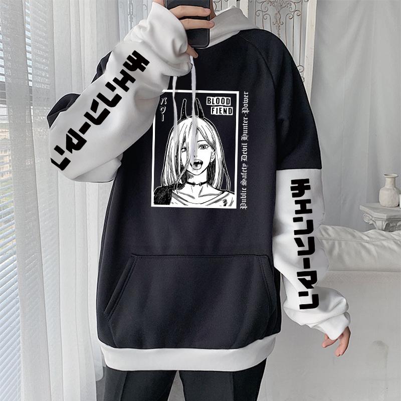 Манга Бензопила Man Power Аниме Толстовки Harajuku Толстовки с круглым вырезом с принтом Готическая зима Женская мода Повседневный лоскутный пуловер