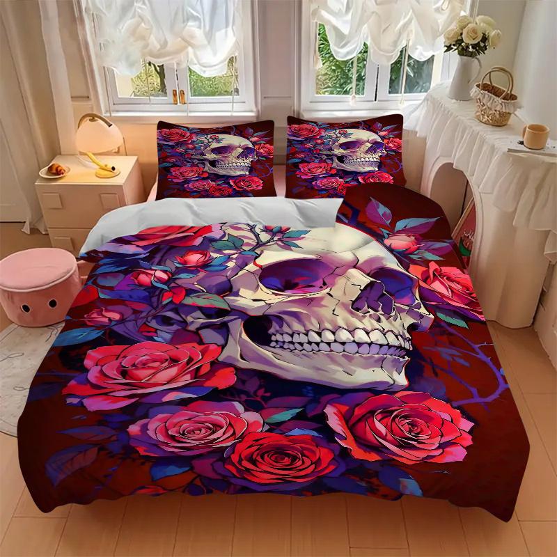 3pcs Skull and Roses Quilt Cover Set - Soft & Comfortable Polyester Fabric, All-Season Breathable Comforter Set For 1 Quilt Cover & 2 Pillowcases