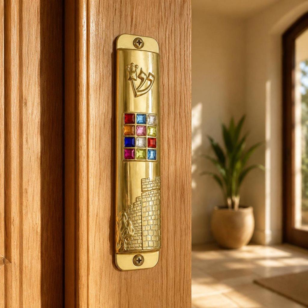 6xDecorative Mezuzah Door Plaque Semitic Script Symbol Metal Embedded Stones