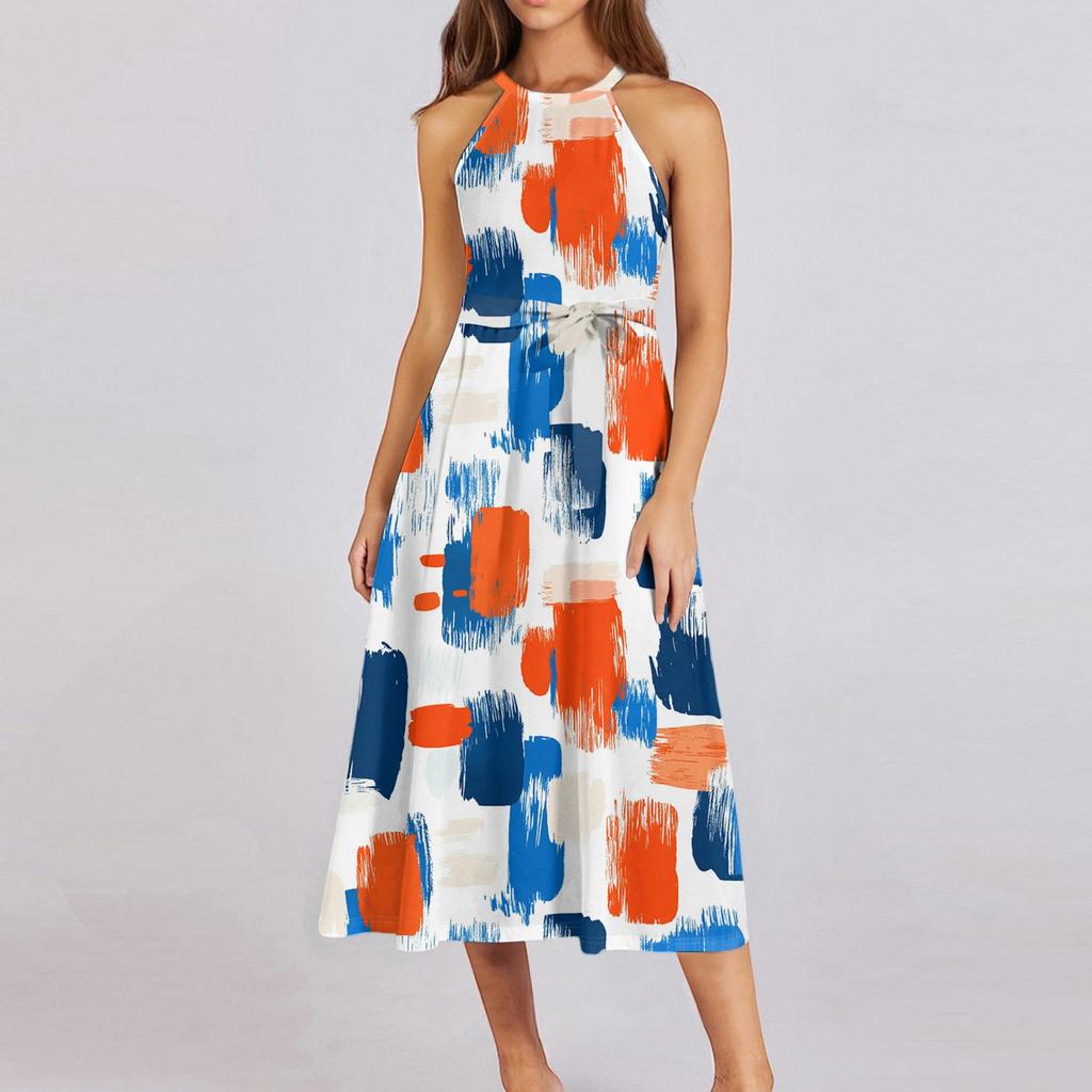 Женское повседневное платье миди с круглым вырезом, классическое, повседневное, без рукавов, свободное платье в стиле бохо с завязками, летний пляжный сарафан