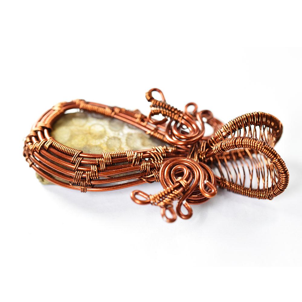 Natural Coral Pendant 89.7 ct Fossil Copper Wire Wrapped Oval Shape Gemstone Jewelry Gift
