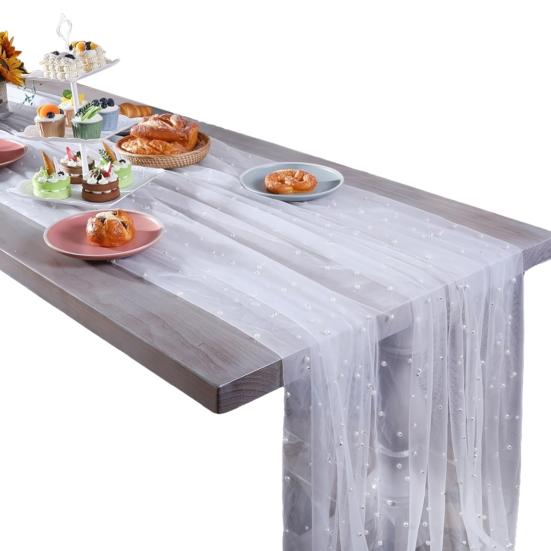 9.8FT марлевая дорожка для стола из шифона, дорожка для стола с искусственным жемчугом, декоративная скатерть для обеденного стола для домашнего дня рождения, праздничной вечеринки