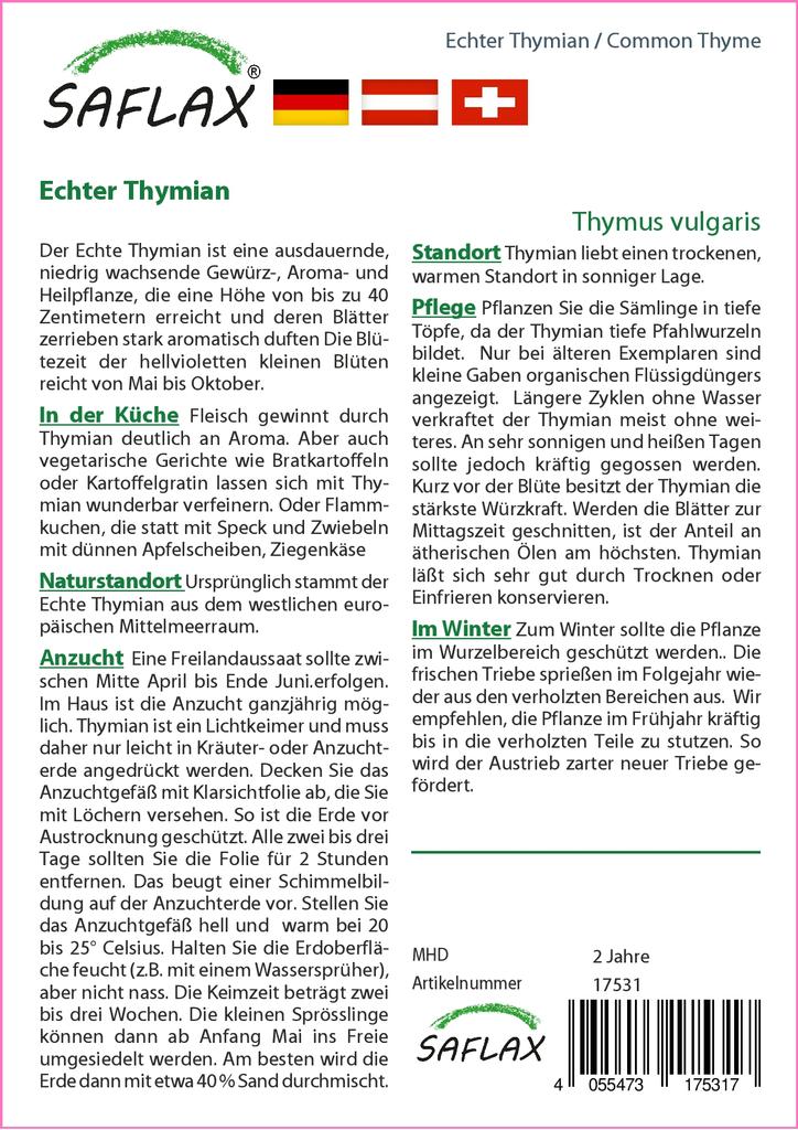 SAFLAX Garden in the Bag - Тимьян обыкновенный - 200 семян - С субстратом в подходящем стоячем пакете - Тимьян обыкновенный