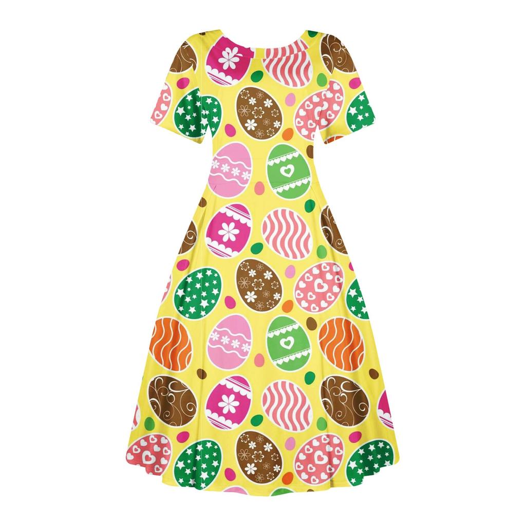 Женское повседневное модное платье с пасхальным принтом, круглое платье с коротким рукавом и талией, средней длины (с молнией)