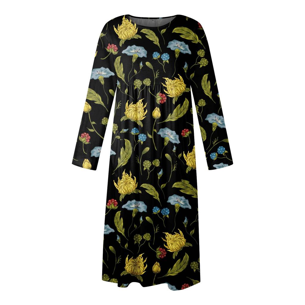 Женское повседневное платье средней длины с круглым вырезом и принтом, платье средней длины с длинными рукавами и карманом
