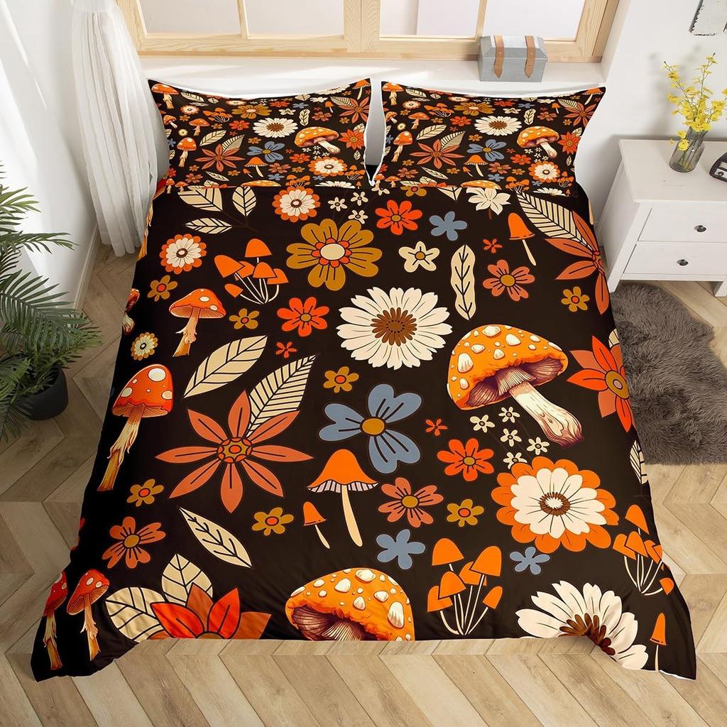 Retro 60S 70S Groovy Flower Duvet Cover,Colorful Hippie Floral Bedding Set Queen,Cartoon Rainbow Mushroom Daisy Comforter Cover