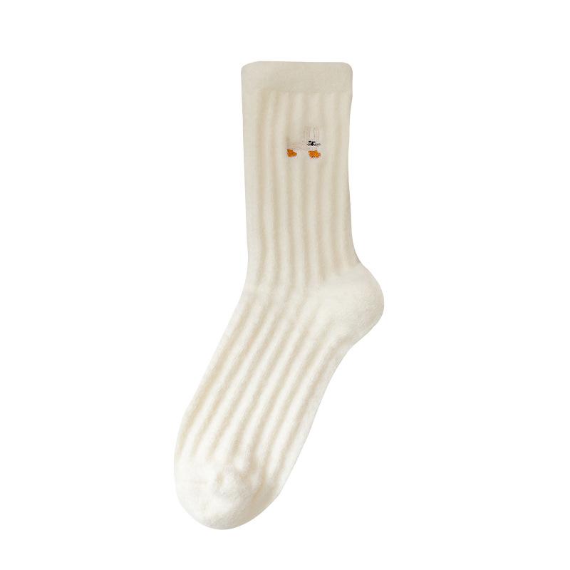 Female Winter Thickened Embroidery Warm Solid Color Vertical Bar Floor Sleeping Tube Socks