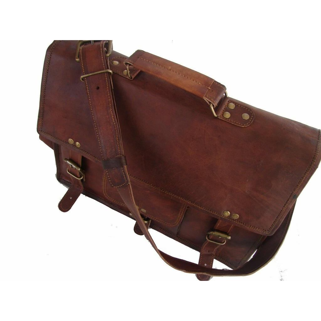 New Brown Genuine Vintage Goat Leather Laptop Messenger Briefcase Satchel Bag