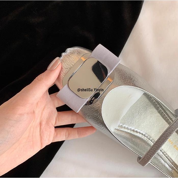 Весна 2025 Кожаные балетки Мэри Джейн с бантом и квадратным носком