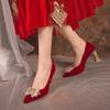 Wedding Shoes Women's Pointed Wedding Bride Shoes 2024 New Chinese Thick Heel Single Shoes Xiuhe Rhinestone Red High Heels