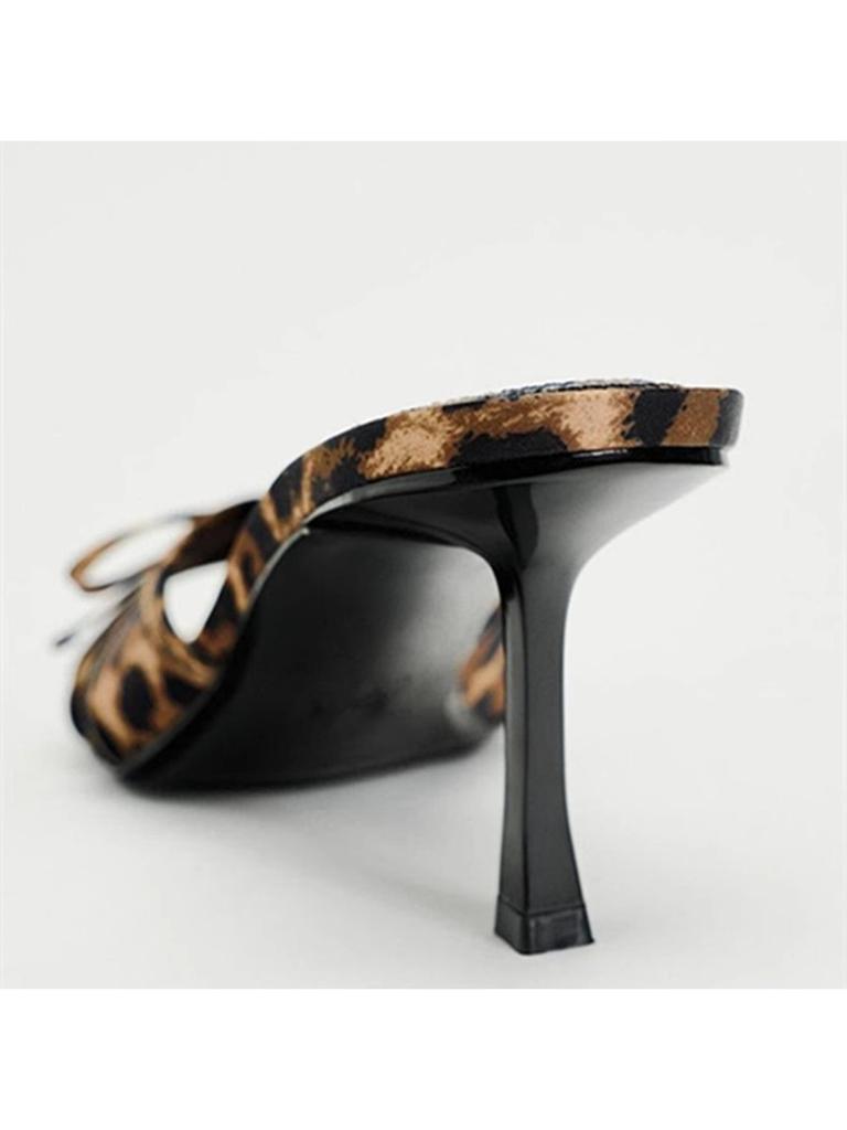 Модные леопардовые туфли на высоком каблуке, женские туфли с бантом, сексуальные сандалии для платья, летние новые шлепанцы 2024 года, повседневные туфли-лодочки, удобные шлепанцы для ходьбы, женские шлепанцы