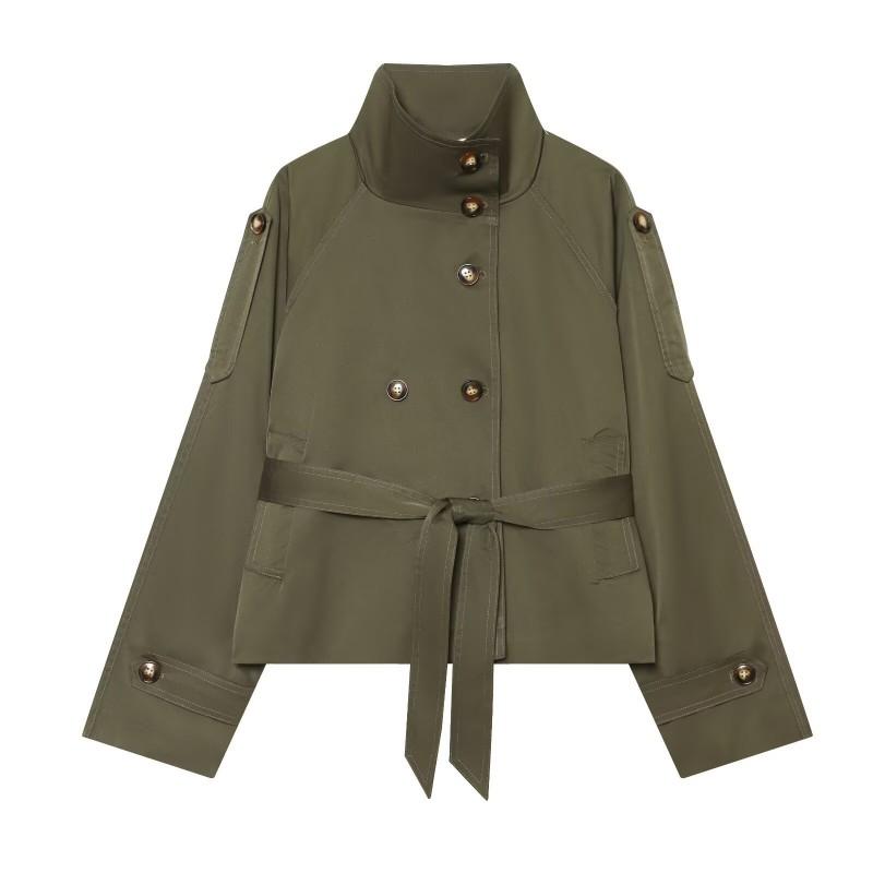 Womens 2026 Double-Breasted Belted Trench Coat With Stand Collar Slim Fit Street Style