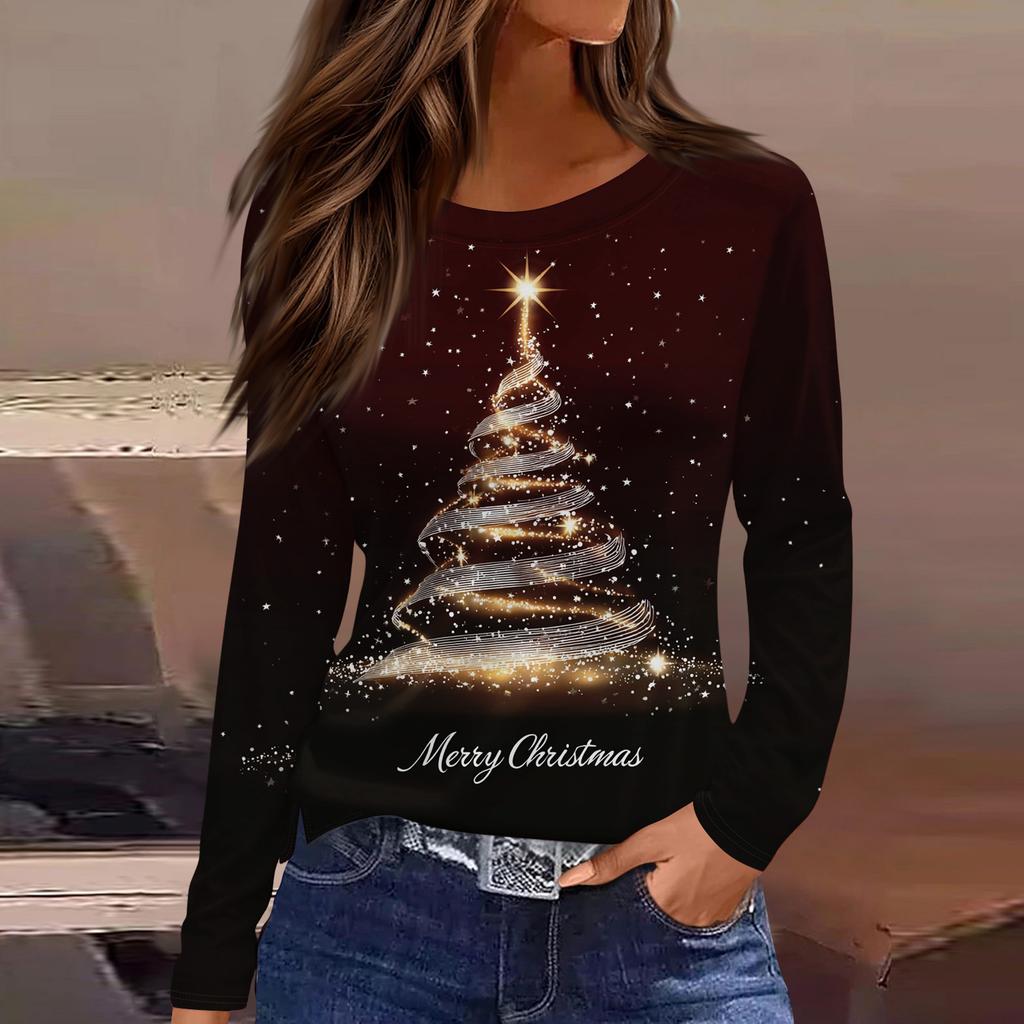 Женская модная повседневная футболка с разрезом по низу, круглым вырезом, длинными рукавами, свободного кроя, с рождественским принтом, женский топ