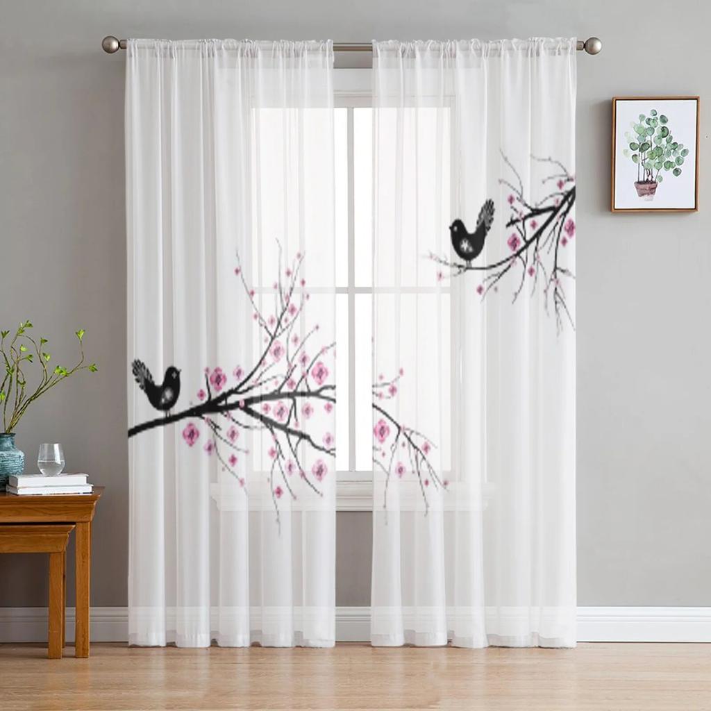 Красивая тюлевая занавеска с цветением вишни и птиц для гостиной, прозрачная занавеска с балдахином для кухни, спальни, оконные шторы