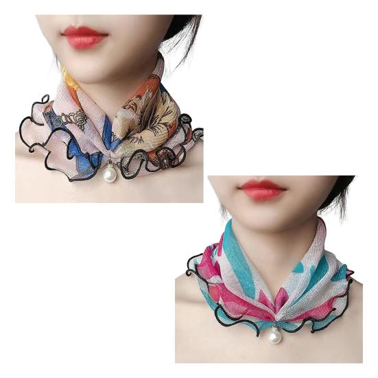 2Pcs Women Faux Silk Scarf Printing Faux Pearl Decor Lace Trim Lightweight Scarf Hand Strap Accessory