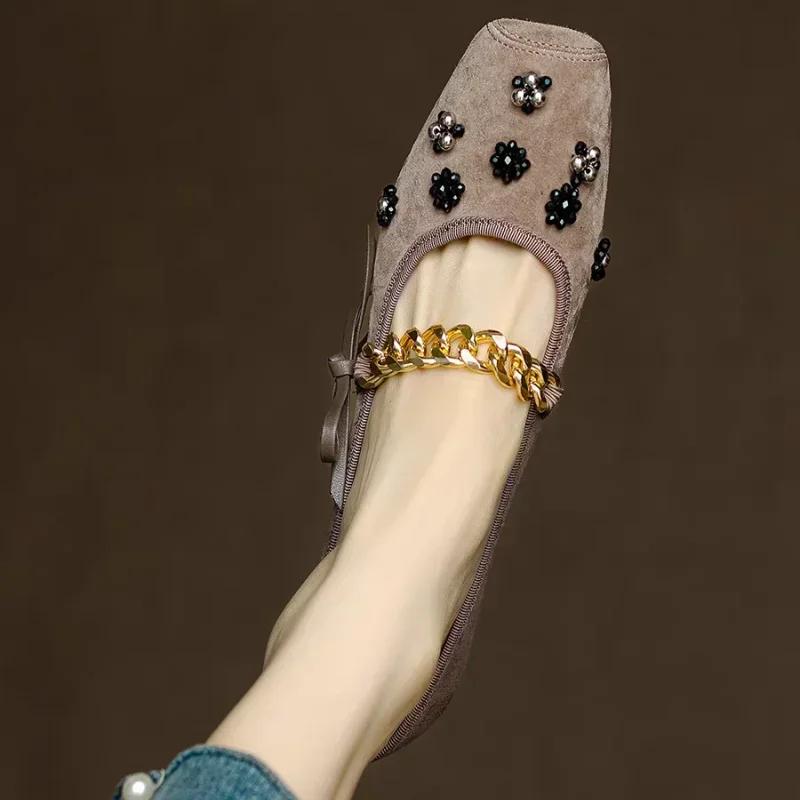 Fashion New Square Toe Women's Shoes Flower Decoration Chain Bow Knot Flats for Women Mary Jane Shoes Comfortable Women's Shoes Zapatos