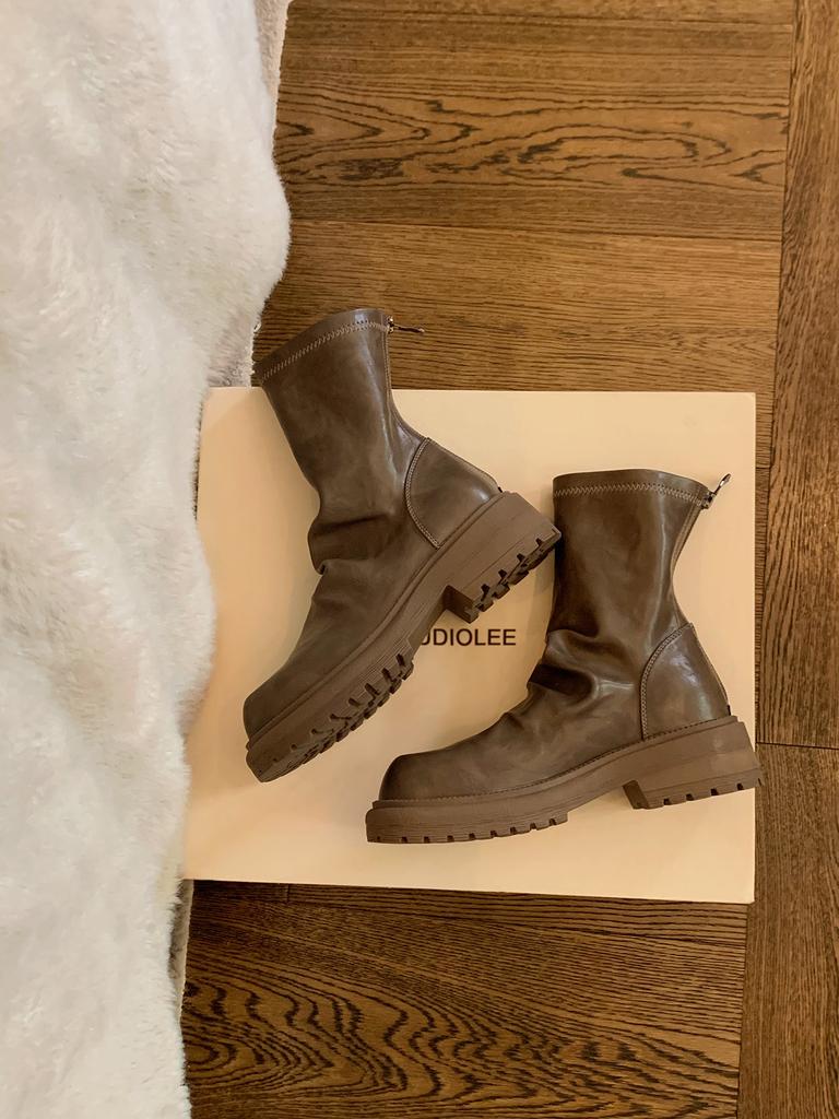 Версия из коровьей кожи виноградный матовый толстая подошва ретро кожа плиссированные задняя молния на наборном каблуке короткие ботинки женские тонкие ботинки британские ботинки Мартин