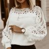 Spring Hollow Out Lace Spliced Casual Pullover Sweaters Women Vintage Lantern Sleeve Loose Woman Sweater Solid O Neck Warm Autumn Jumpers Tops 26458