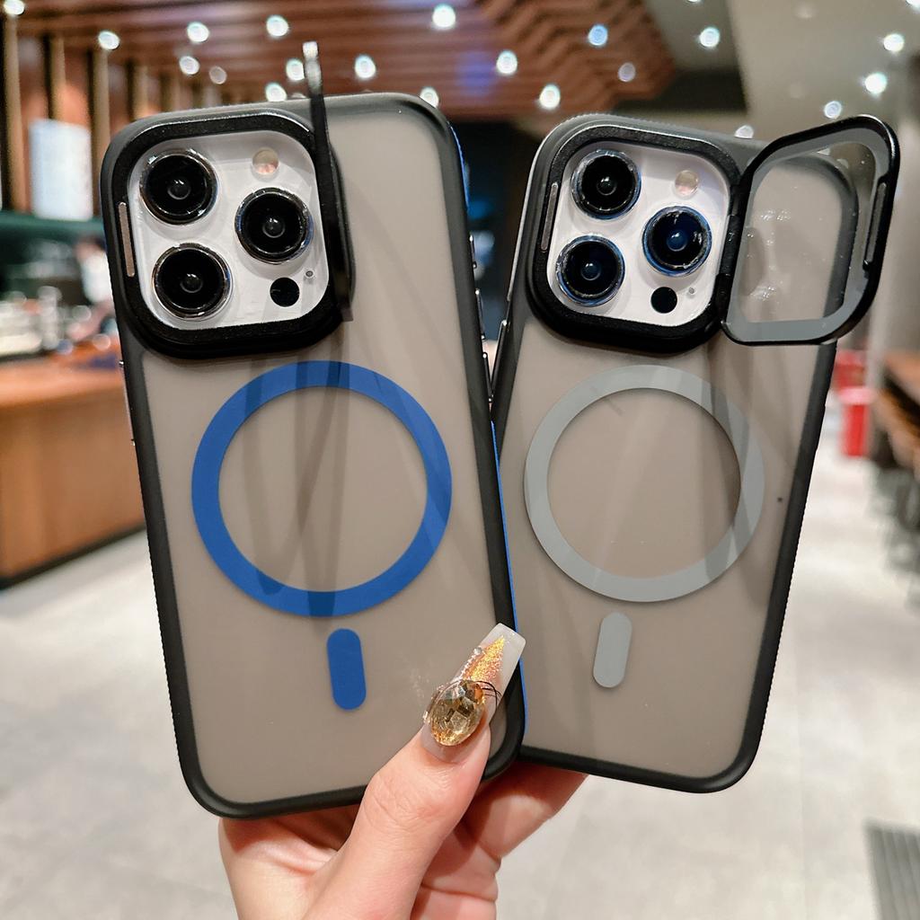 For iPhone 16 Pro Max Magnetic Case Skin-Touch TPU Acrylic Phone Back Cover with Lens Protector Kickstand