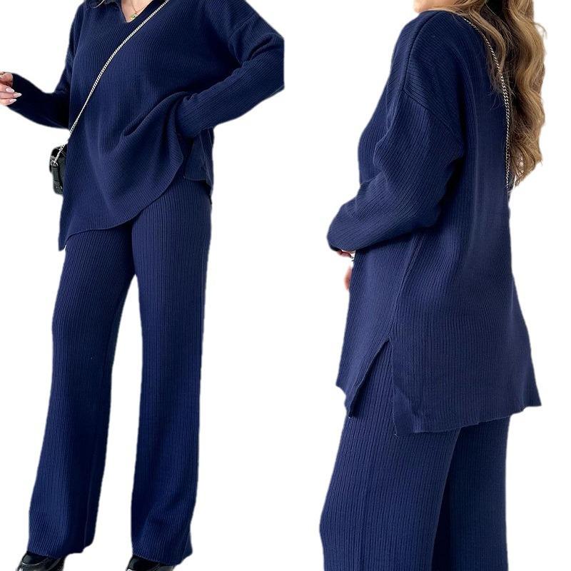 Осенний европейский и американский вязаный комплект из двух предметов для женщин, однотонный, свободного кроя, с разрезом по подолу