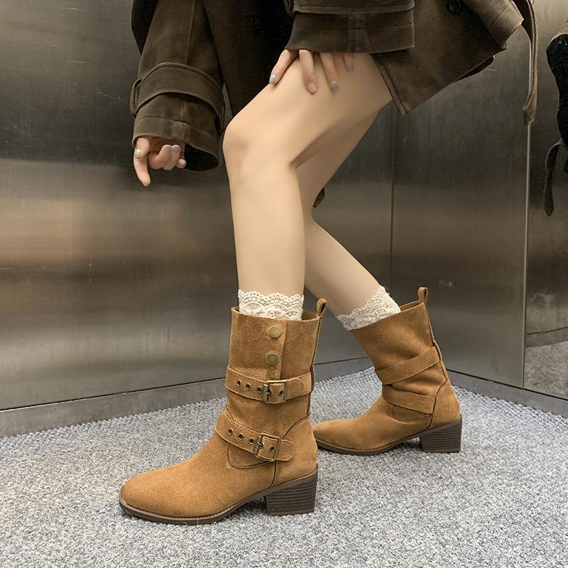 Metallic Belt Buckle Frosted Suede Soft Sole Single Shoes Autumn New Round Toe Soft Sole Non-slip Block Heel Women's Shoes