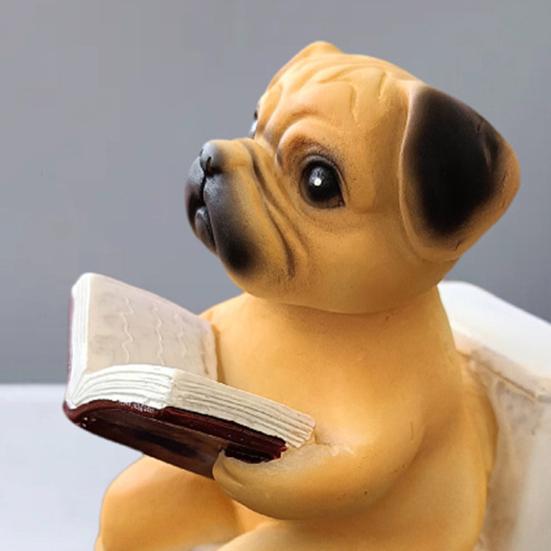 Pug Sitting On Toilet Figurine Reading Book Dog Resin Statue Puppy Animal Sculpture