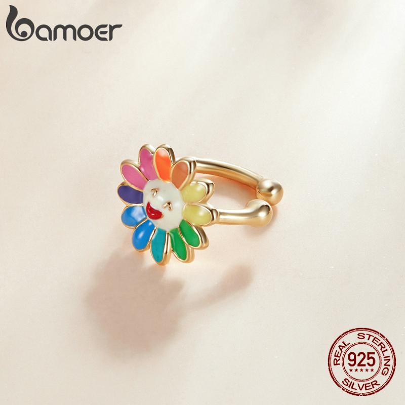 BAMOER стерлингового серебра 925 пробы с эмалью, 1 шт., серьги-клипсы в стиле поп-арт с радужным солнечным цветком для женщин, элегантные ювелирные изделия