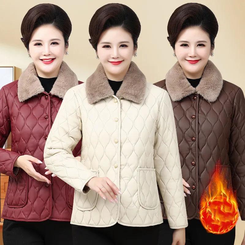 Older Women Winter Jacket Autumn Velvet Mom Outerwear Warm Cotton Padded Jacket Winter Loose Cotton Coat