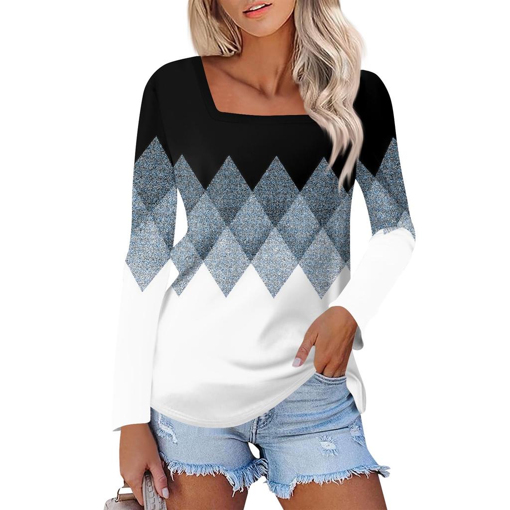 Рубашка для женщин, модная повседневная свободная футболка с квадратным вырезом и длинным рукавом с принтом, женский топ