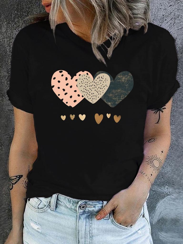 Футболка с коротким рукавом и принтом сердечек, с круглым вырезом, для весны и лета, повседневная женская одежда на все сезоны, женская футболка