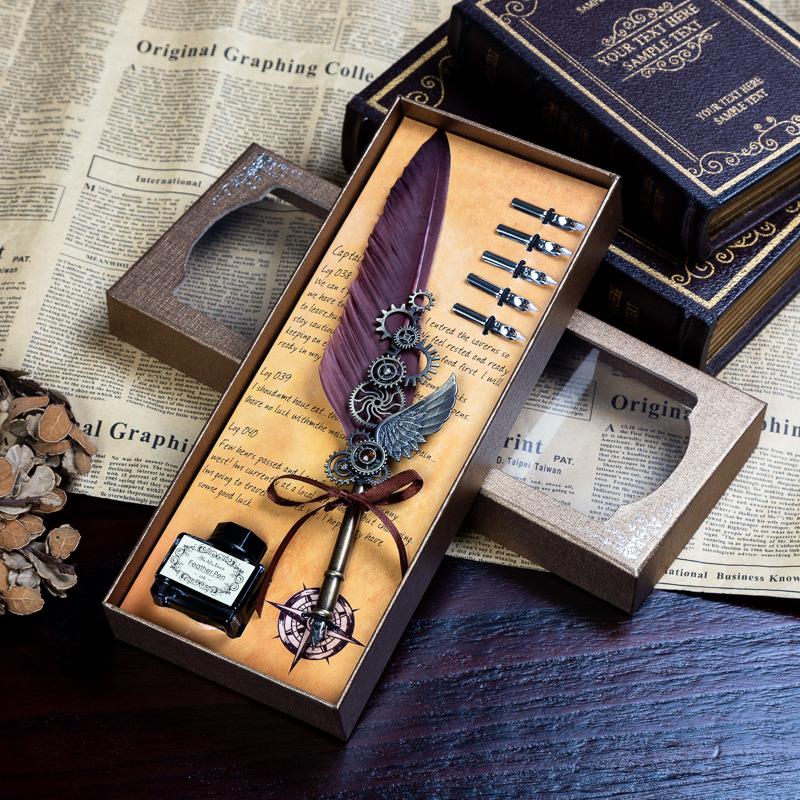 Retro Mechanical Calligraphy Feather Pen and Ink Set Glittering Quill Pen with Antique Dip Pen Metal Calligraphy Set with Ink