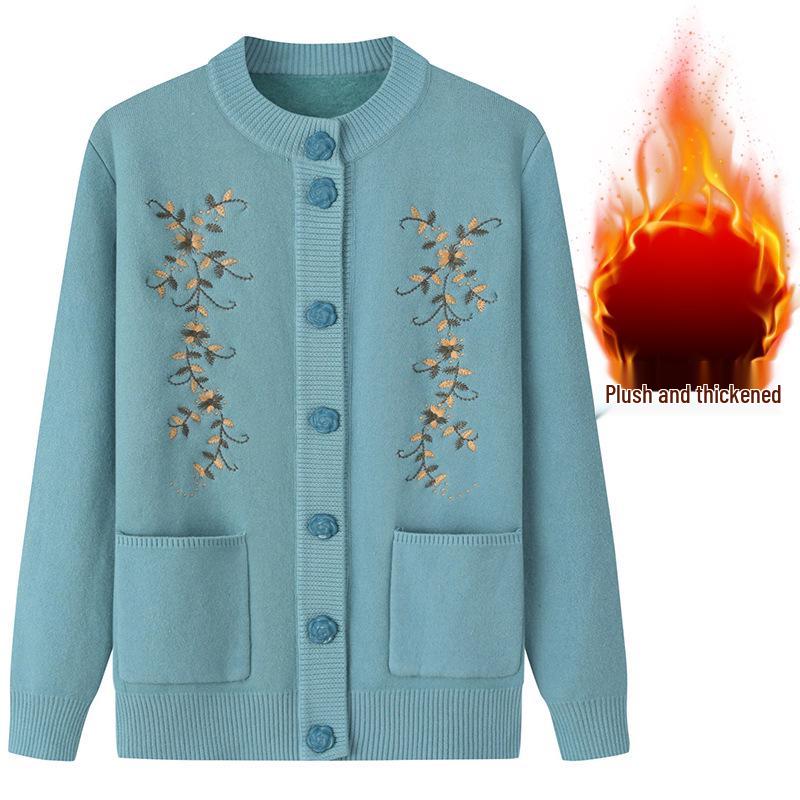 Женский кардиган с плюшевой подкладкой - Весенне-осенний вязаный свитер для женщин среднего и пожилого возраста