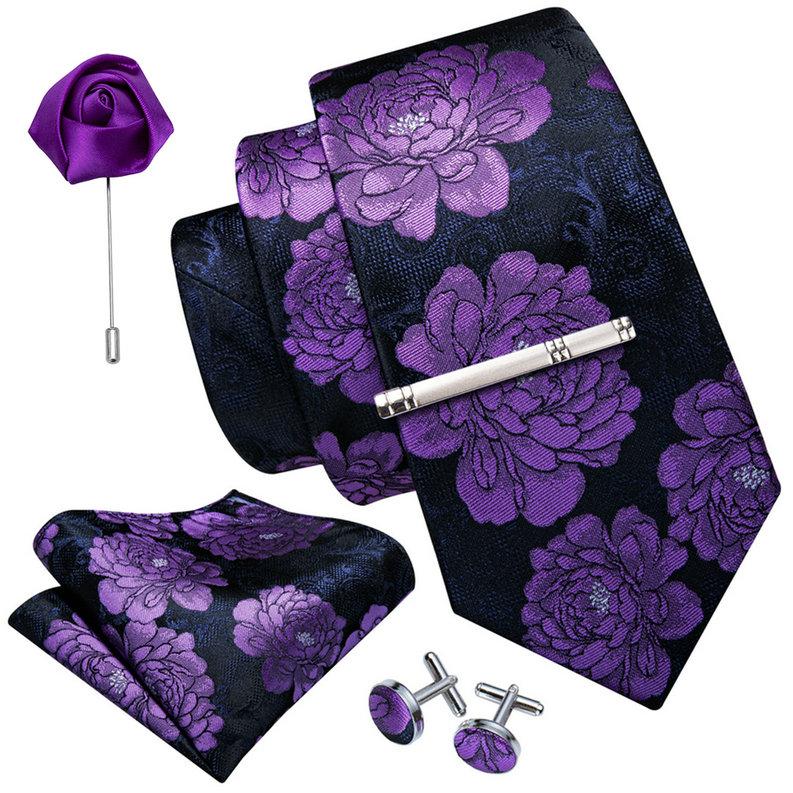 Мужской набор аксессуаров для одежды: галстук с зажимом, платок и брошь-булавка в виде розы