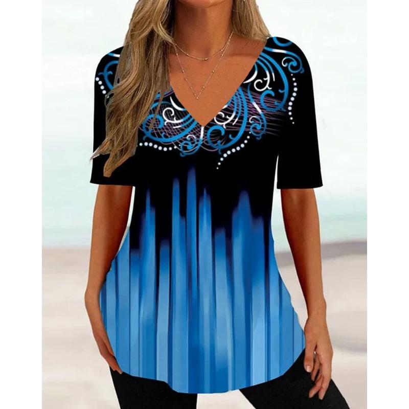 Plus Size Simple Women's T-shirt 3d Wave Curve Tee Fashion V-neck Summer Short Sleeve Loose Streetwear Female Clothes Casual Tshirt Ladies