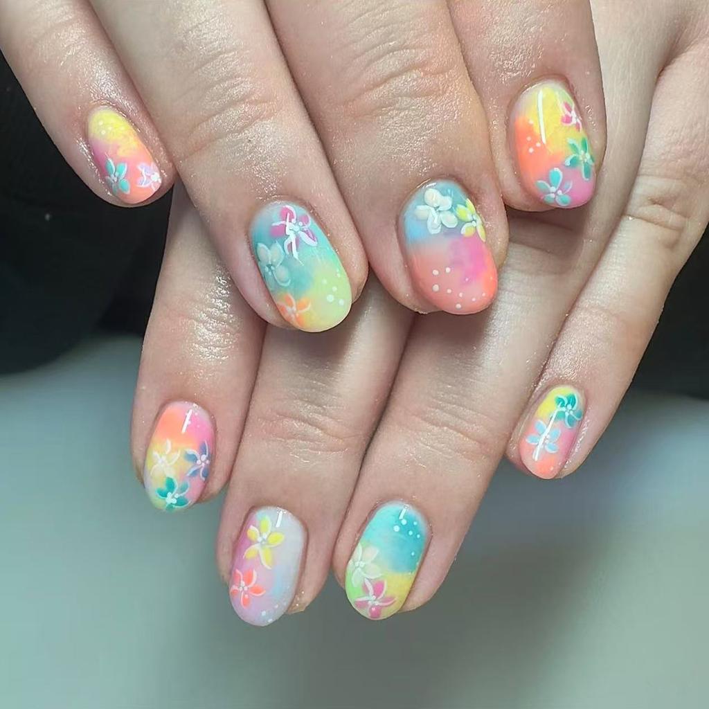 24Pcs Ocean Fish Pattern Press On Nails Short Oval Full Cover Summer Colorful Striped Fake Nails