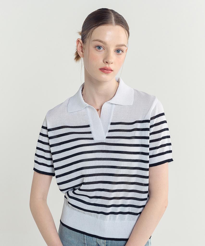 BLOND9 Cool Stripe Collared Short Sleeve Knit_White