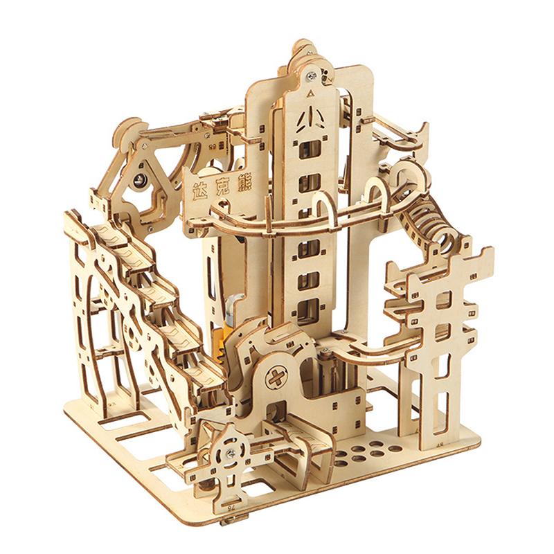 1 Set Marble Run Kit 3D Wooden Puzzles Electric Catapult Track Device Mechanical Model Science Maze Assembly Gift For Kids