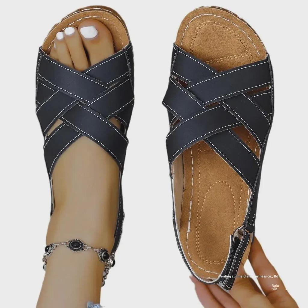 Женские сандалии на большой платформе с липучками — открытый носок, полый дизайн, перекрестные ремешки, пляжный стиль из Юго-Восточной Азии