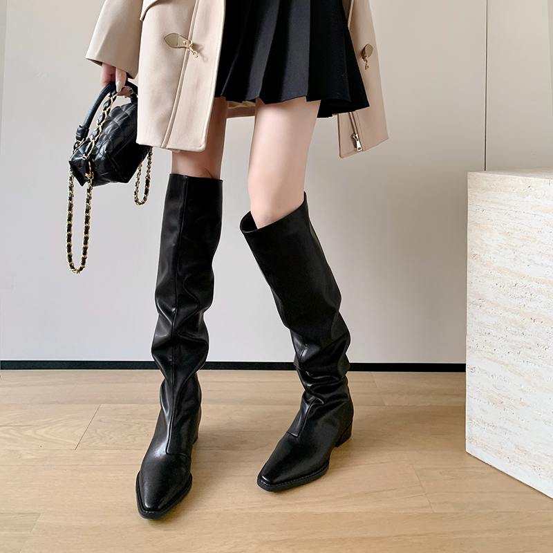 Krazing Pot Джинсовая осенне-зимняя обувь, круглый носок, толстый средний каблук, без шнуровки, плиссированные сапоги в стиле вестерн, женские сапоги до бедра