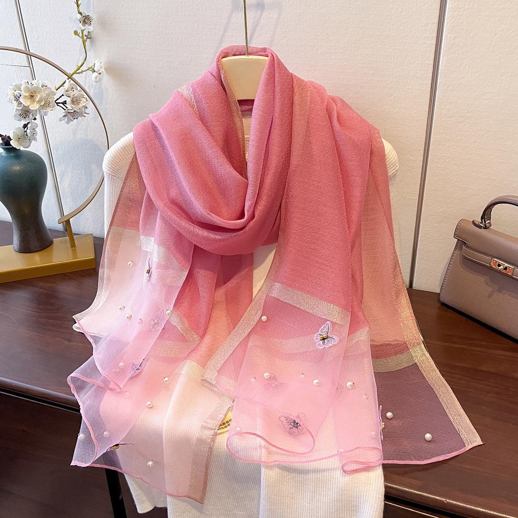 New Versatile Shawl Imitation Silk Thin Silk Scarf for Women Spring and Summer Butterfly Pearl Light Luxury Fashionable Warm Neck Protection Shawl