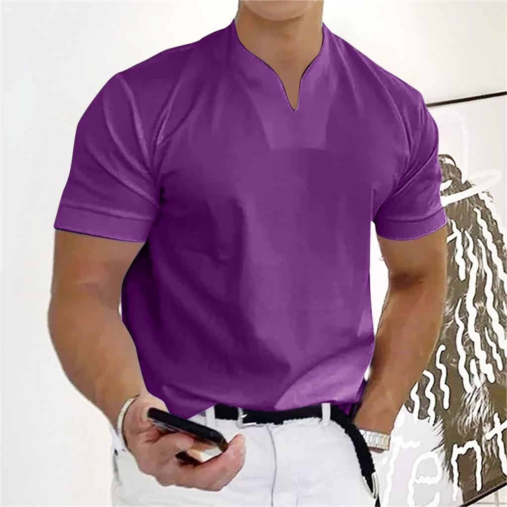 Мужская повседневная однотонная мужская деловая футболка с v-образным вырезом и коротким рукавом для фитнеса