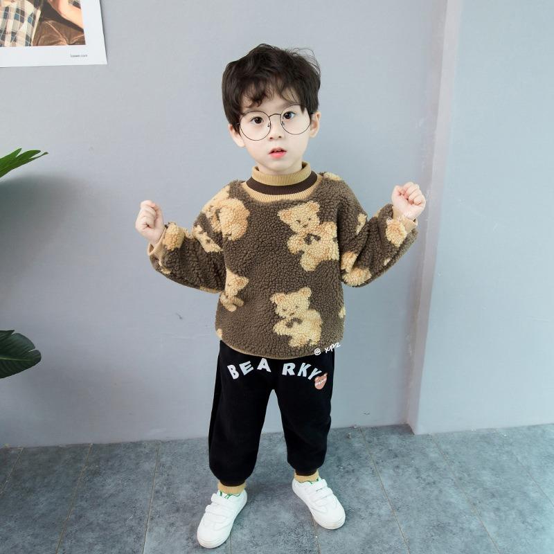 Зимний новый детский круглый вырез с принтом в виде медведя в стиле вестерн плюс толстый бархатный свитер из двух частей