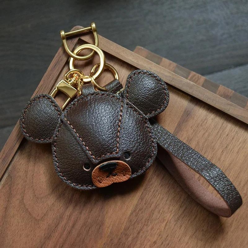 Handmade Genuine Leather Bear Keychain, Car Mirror Hanging Ornament For Home/Office Decor Cute Gift For Stress Relief