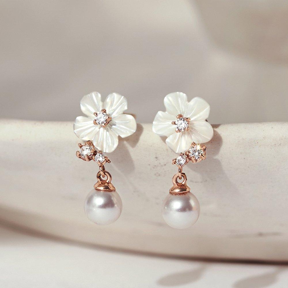 14K Swallow Pearl Mother-of-Pearl Flower Earrings W