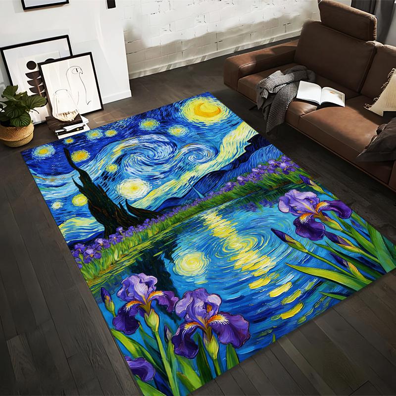 "Starry Night-Inspired Carpet with Purple Irises and Lake Scene" Suitable for use as an anti-slip for living room bedroom sofas