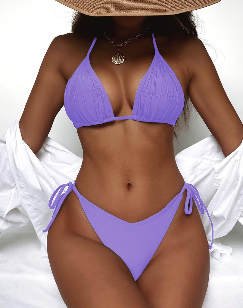 Женский купальник, сплошной цвет, сексуальный комплект бикини с треугольной лямкой и завязкой на спине, 5 цветов