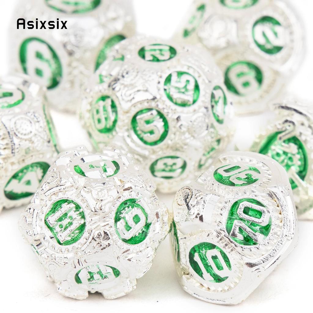 7 Pcs White Green Gear Wheel Metal Dice Solid Metal Polyhedral Dice Set Suitable for Role-Playing RPG  Board Game Card Game