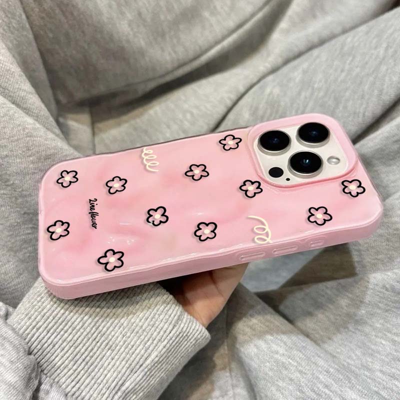 Милый Черный Линейный Цветок Корейский Чехол Для Телефона Для iPhone 16 15 14 Plus 13 12 11 17 Air Pro Max Складки Текстура Кавайный Мягкий Чехол